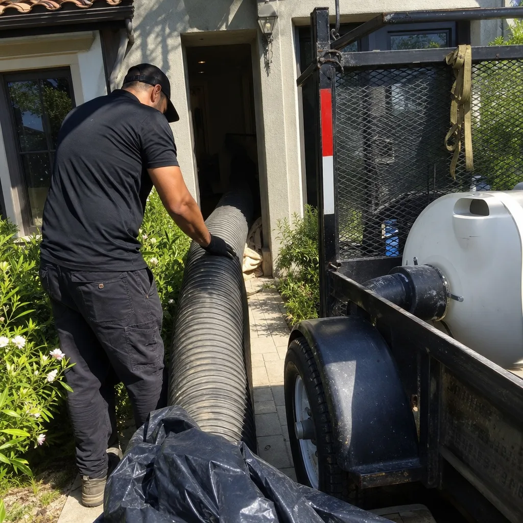 Professional technician using industrial equipment for residential air duct cleaning service.